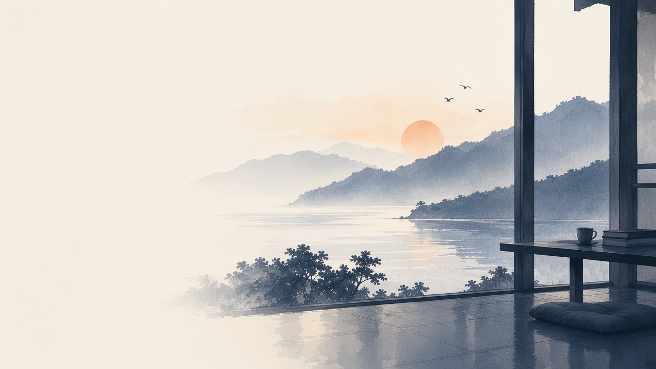 Window looking out to misty mountains at sunrise
